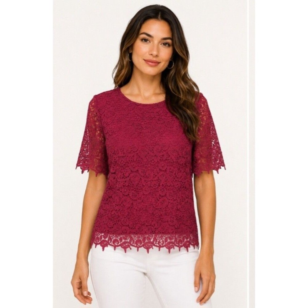 Philosophy Sz Large Womens Pink Bshort Sleeve Scalloped Crochet NWT Crew Neck *